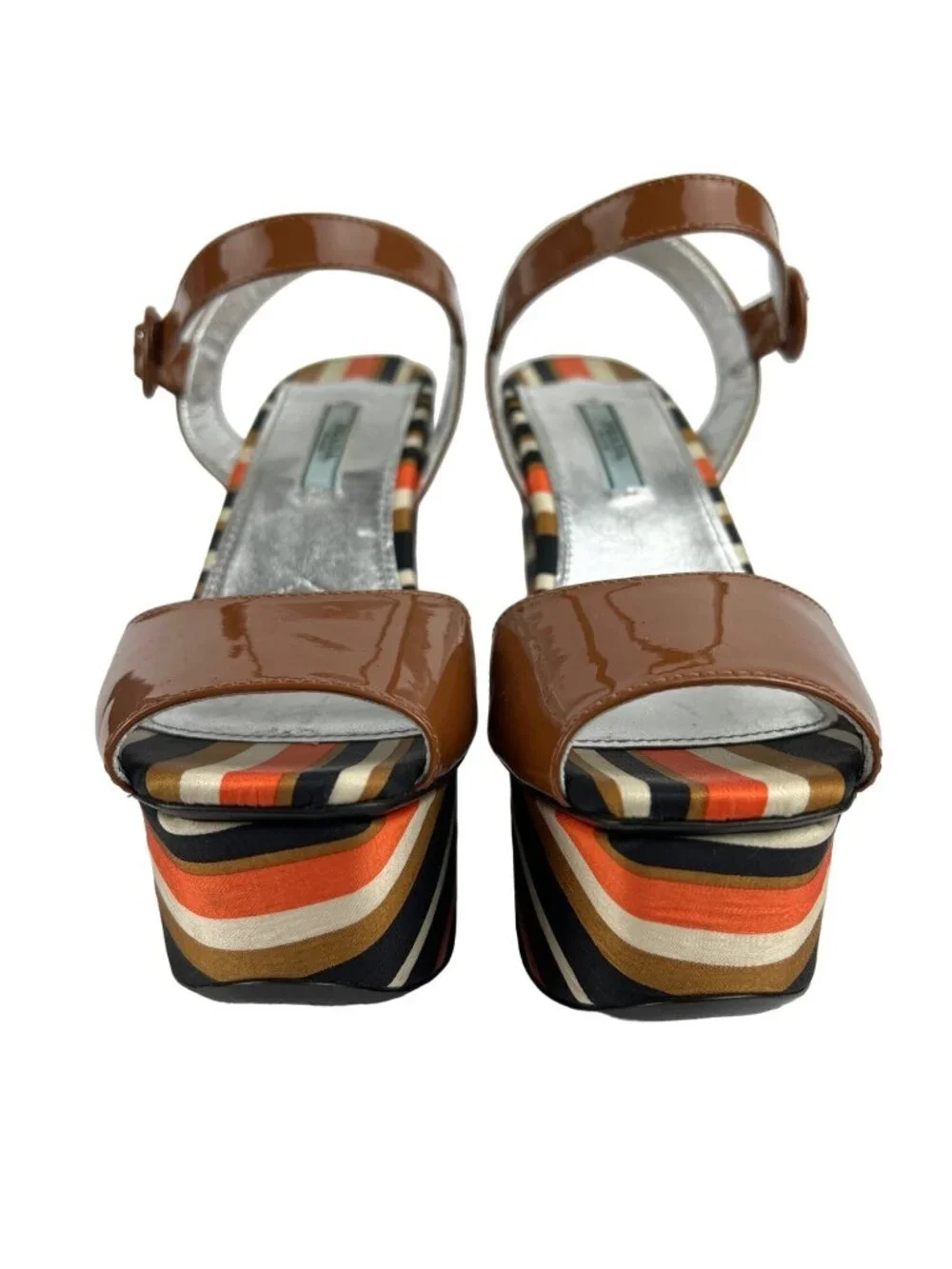 Prada Brown Patent Leather Peep-Toe Platform Heels With Striped Fabric Size 8.5